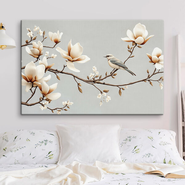 Vogel auf einem Zweig mit Blumen Vogel auf einem Zweig mit Blumen