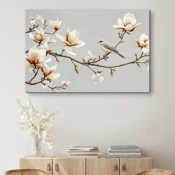Vogel auf einem Zweig mit Blumen Vogel auf einem Zweig mit Blumen