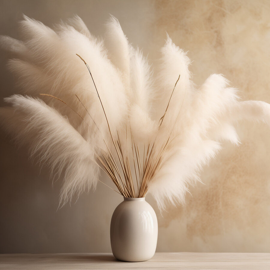 Weiße Vase mit flauschigen Blumen
