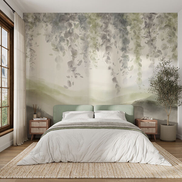 Gemälde einer Landschaft mit Blättern von der Decke Gemälde einer Landschaft mit Blättern von der Decke