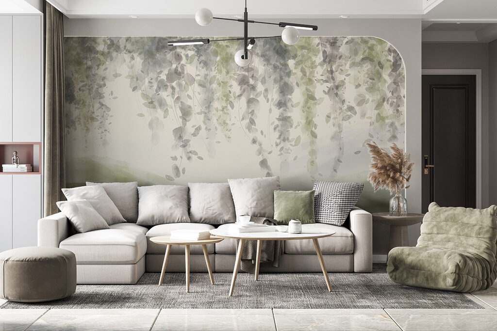 Painting of a landscape with leaves from the ceiling