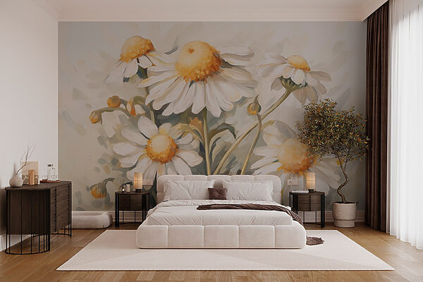 Malerei von weißen und gelben Blumen Malerei von weißen und gelben Blumen