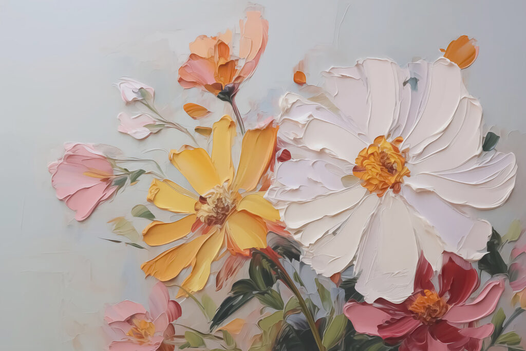 Malerei von Blumen auf einer weißen Fläche Malerei von Blumen auf einer weißen Fläche
