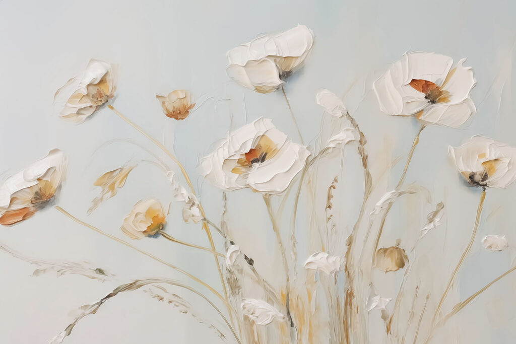 Gemälde mit Blumen an einer Wand Gemälde mit Blumen an einer Wand
