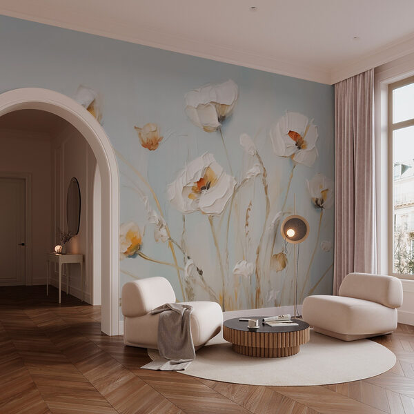 Gemälde mit Blumen an einer Wand Gemälde mit Blumen an einer Wand