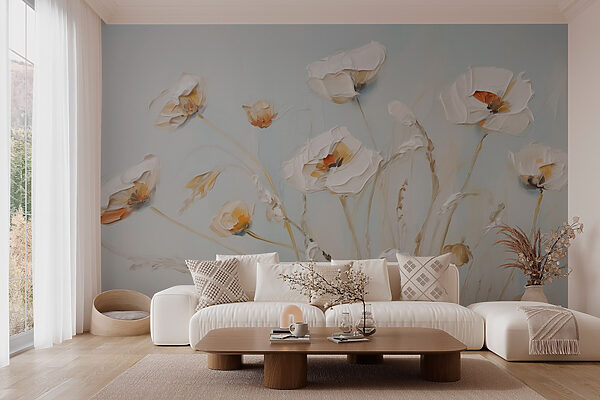 Gemälde mit Blumen an einer Wand Gemälde mit Blumen an einer Wand