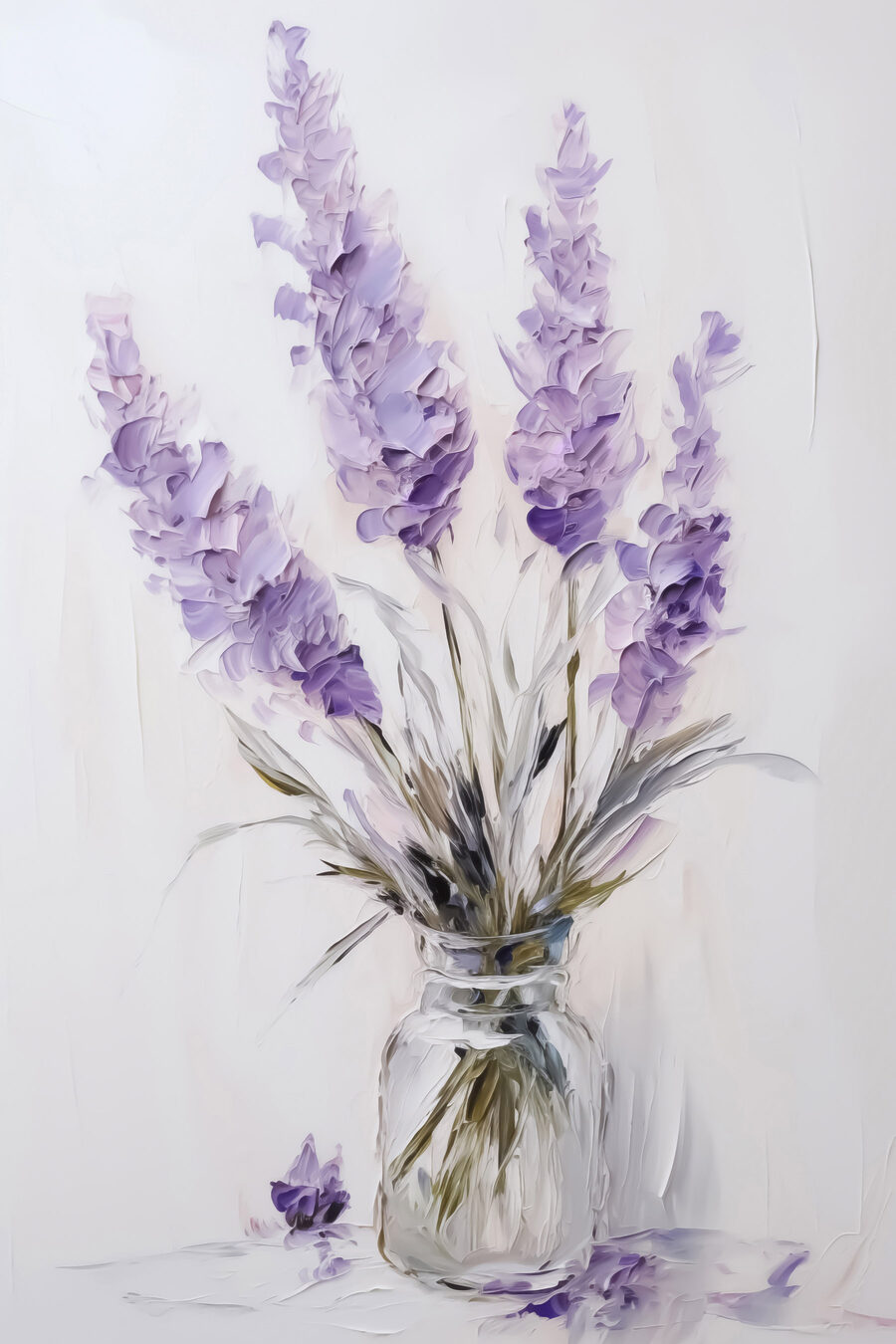 Gemälde mit lila Blumen in einer Glasvase