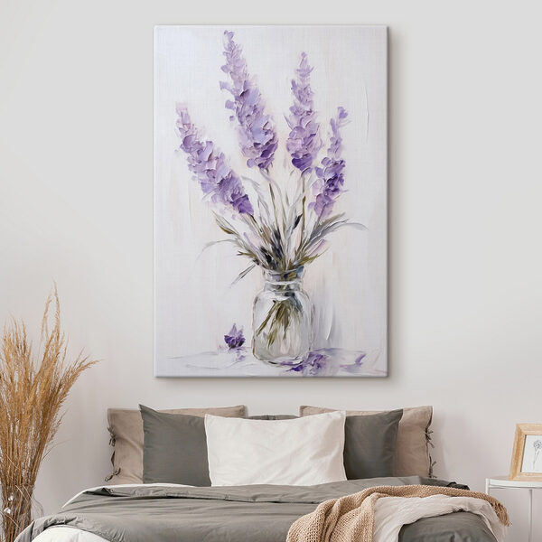 Gemälde mit lila Blumen in einer Glasvase Gemälde mit lila Blumen in einer Glasvase