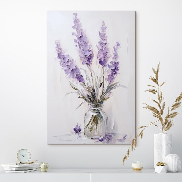 Gemälde mit lila Blumen in einer Glasvase Gemälde mit lila Blumen in einer Glasvase