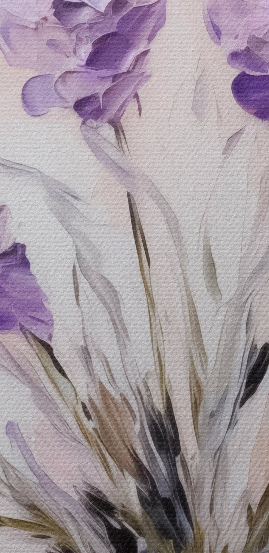 Gemälde mit lila Blumen in einer Glasvase
