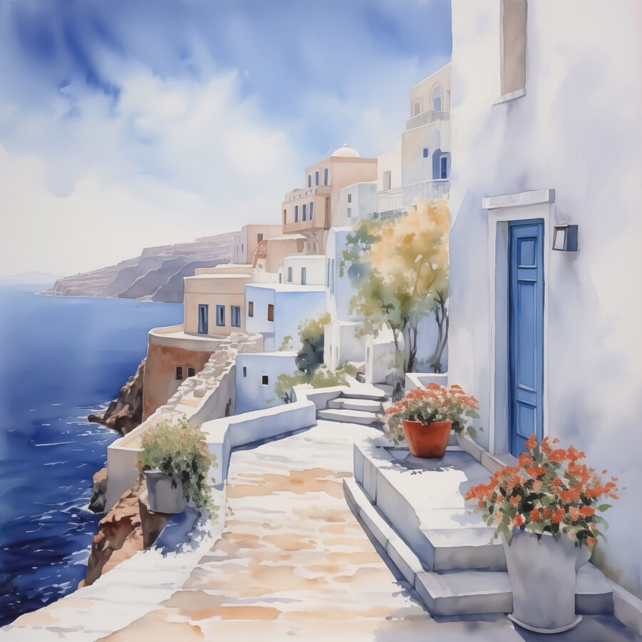 Aquarellmalerei eines weißen Gebäudes mit blauen Türen und Blumen auf einer Klippe