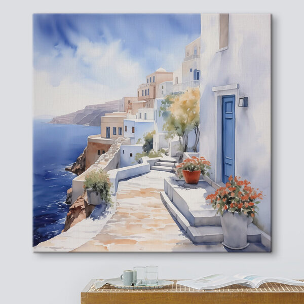 Aquarellmalerei eines weißen Gebäudes mit blauen Türen und Blumen auf einer Klippe Aquarellmalerei eines weißen Gebäudes mit blauen Türen und Blumen auf einer Klippe