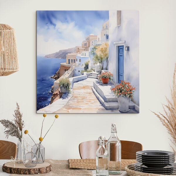 Aquarellmalerei eines weißen Gebäudes mit blauen Türen und Blumen auf einer Klippe Aquarellmalerei eines weißen Gebäudes mit blauen Türen und Blumen auf einer Klippe