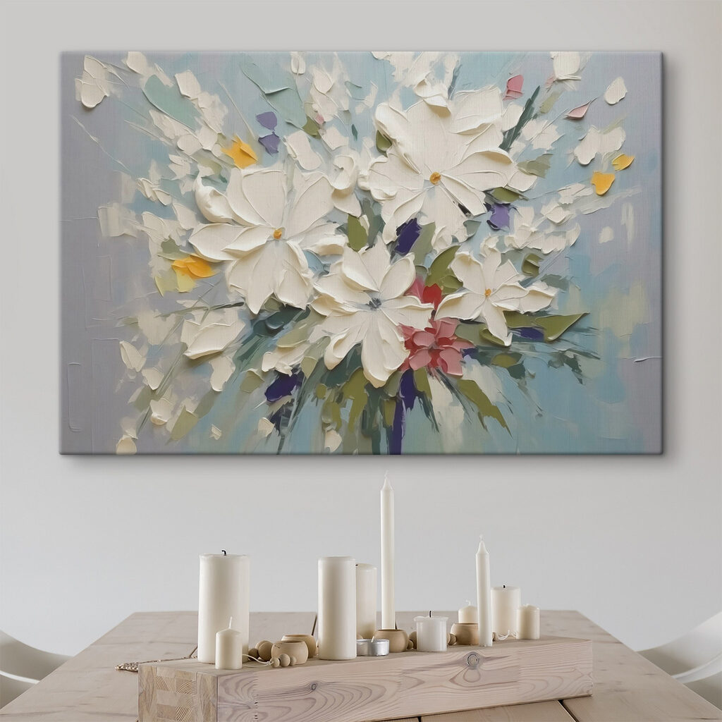 Painting of flowers on a blue surface