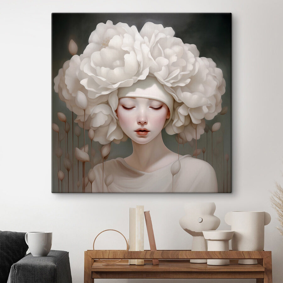 Frau mit weißen Blumen auf dem Kopf