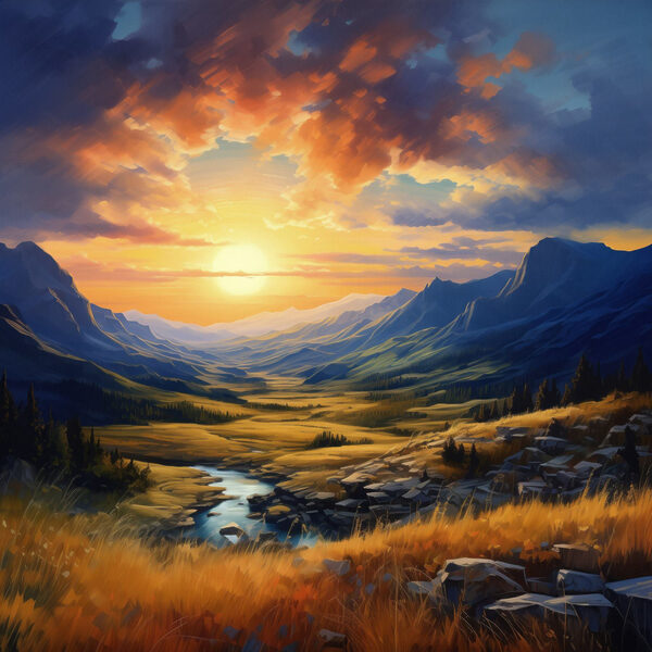 Landschaft mit einem Fluss und Bergen Landschaft mit einem Fluss und Bergen