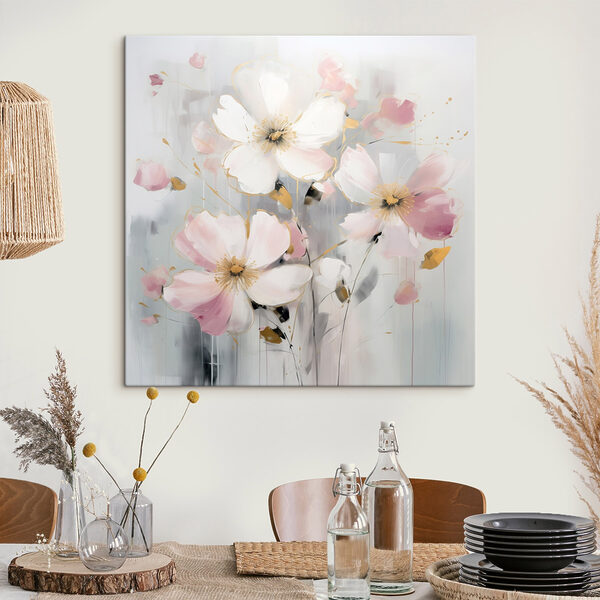 Gemälde mit Blumen auf grauem Hintergrund Gemälde mit Blumen auf grauem Hintergrund