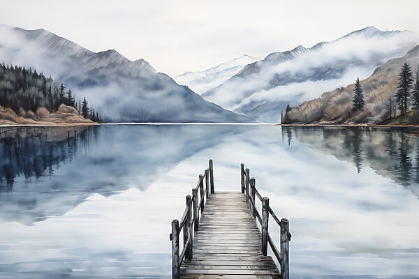 Aquarell eines Stegs an einem See mit Bergen im Hintergrund Aquarell eines Stegs an einem See mit Bergen im Hintergrund