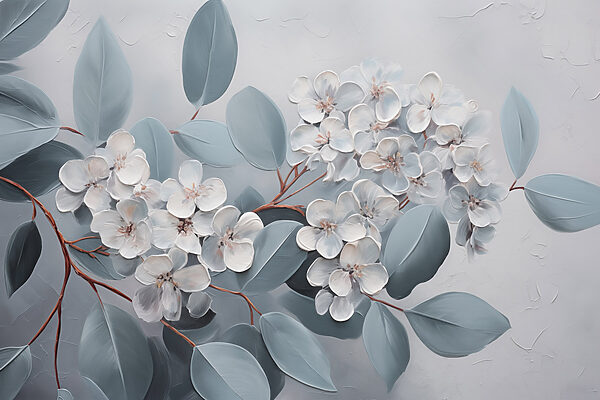 Malerei von weißen Blumen und Blättern Malerei von weißen Blumen und Blättern