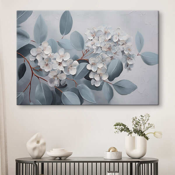 Malerei von weißen Blumen und Blättern Malerei von weißen Blumen und Blättern