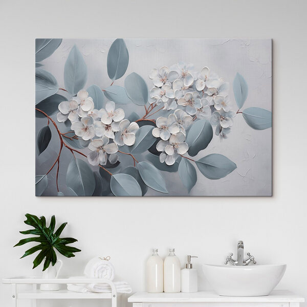 Malerei von weißen Blumen und Blättern Malerei von weißen Blumen und Blättern