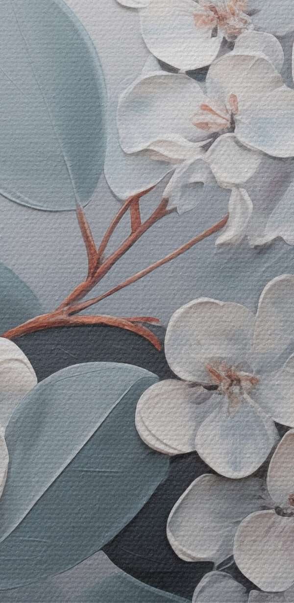 Malerei von weißen Blumen und Blättern Malerei von weißen Blumen und Blättern