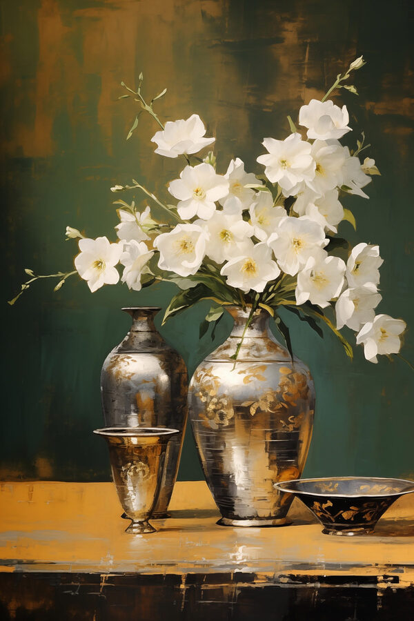 Vase mit weißen Blumen und einer Schale Vase mit weißen Blumen und einer Schale