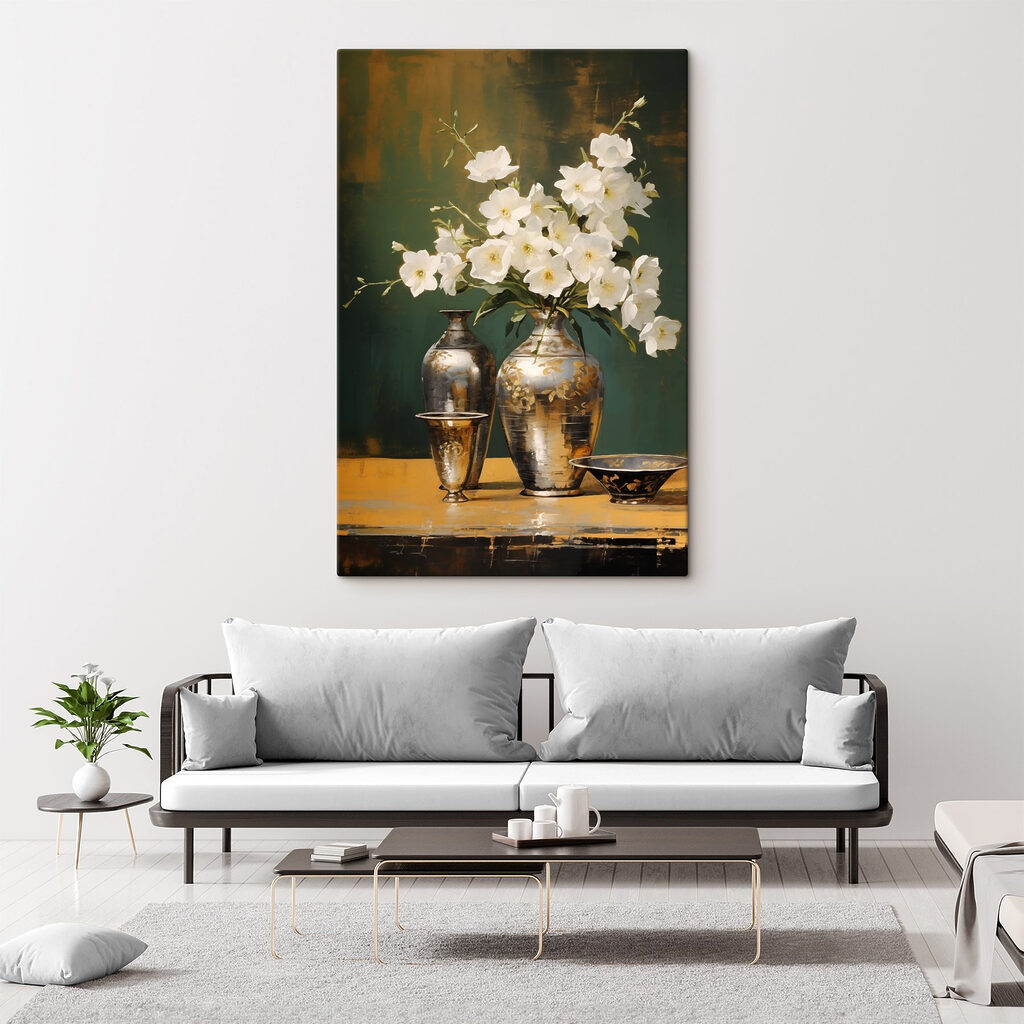 Vase with white flowers and a bowl