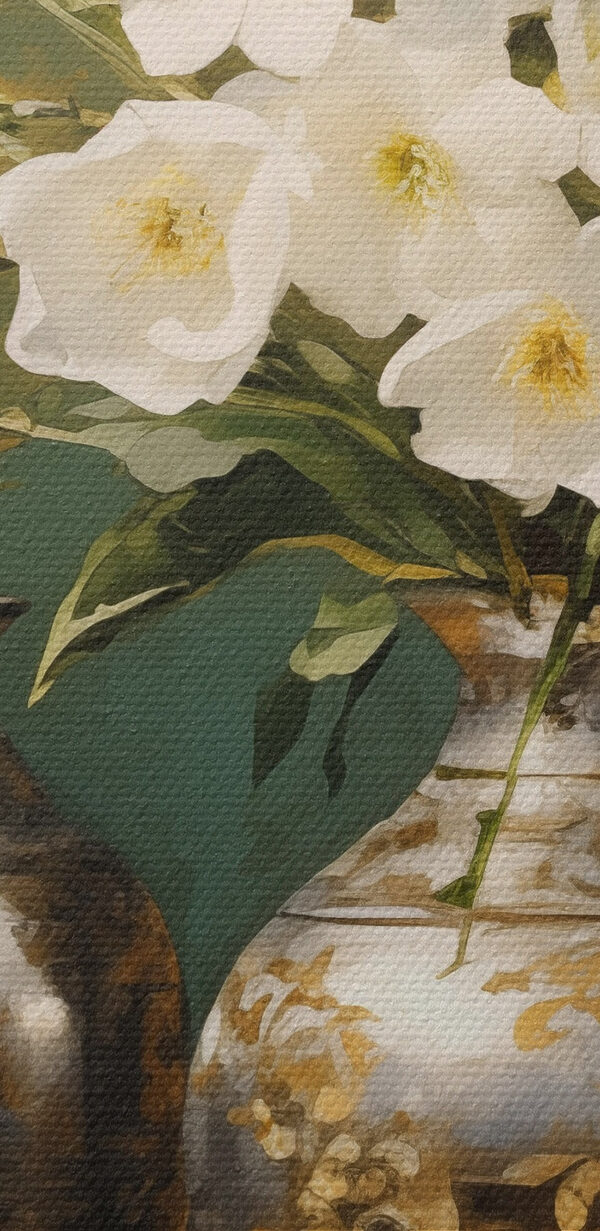 Vase mit weißen Blumen und einer Schale Vase mit weißen Blumen und einer Schale