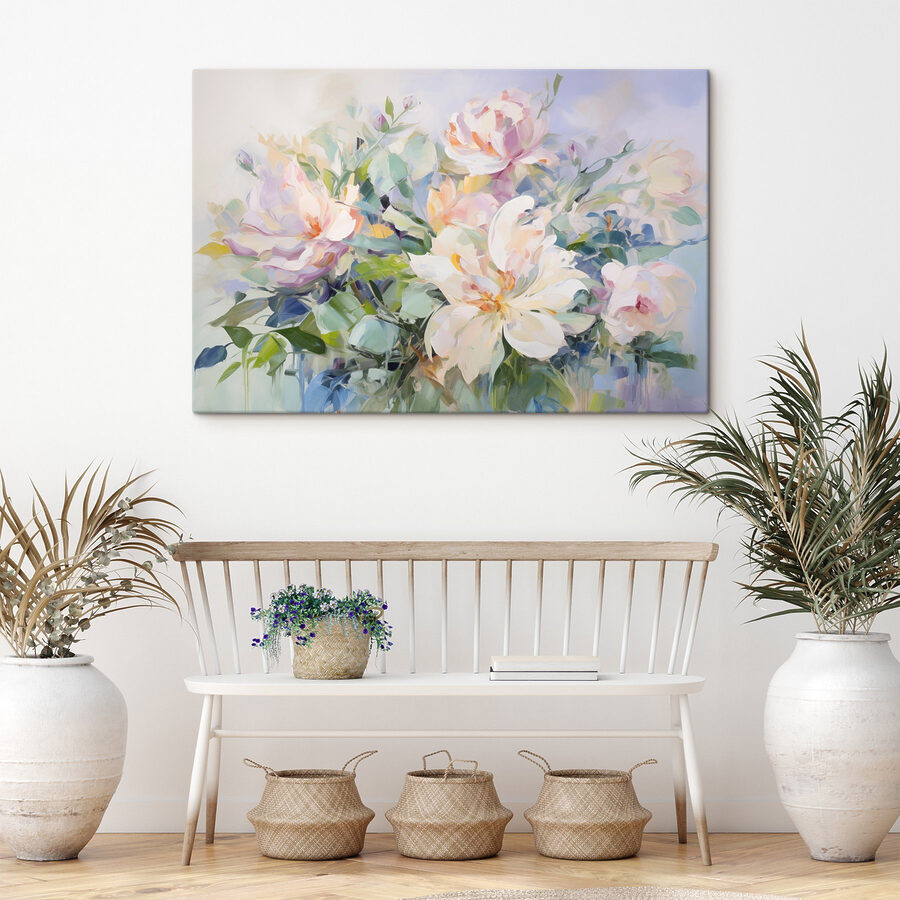 Gemälde mit Blumen auf blauem Hintergrund