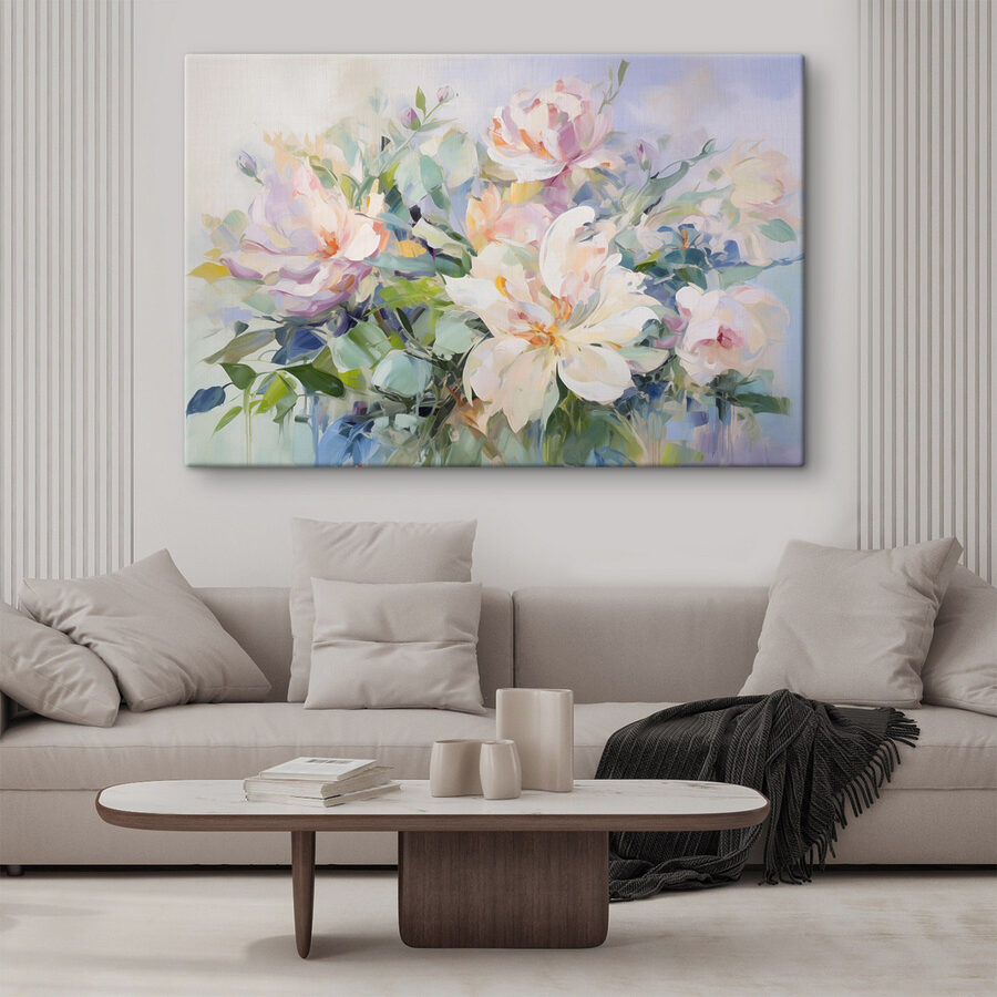 Gemälde mit Blumen auf blauem Hintergrund