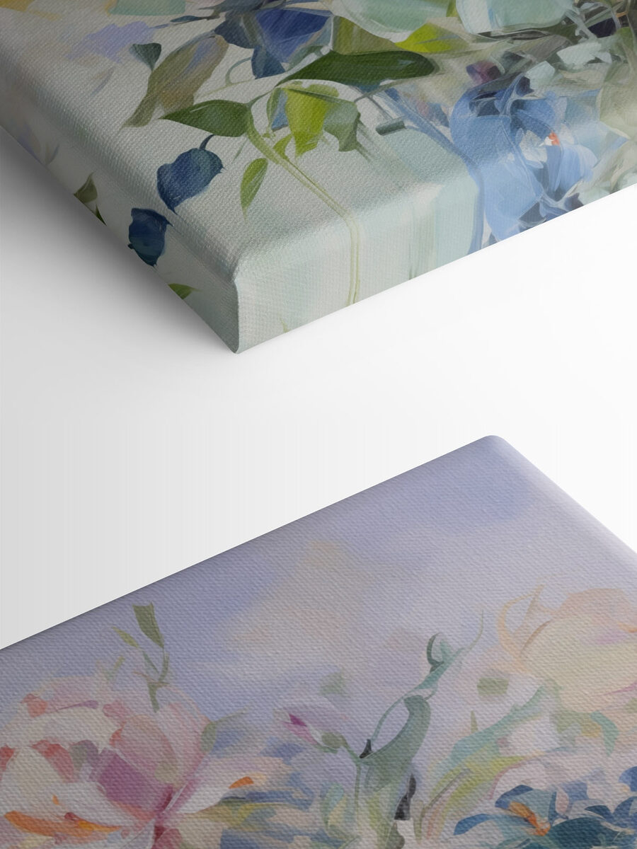 Gemälde mit Blumen auf blauem Hintergrund