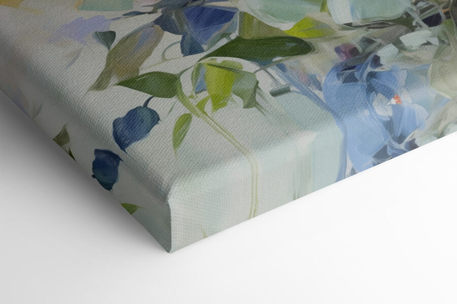 Gemälde mit Blumen auf blauem Hintergrund