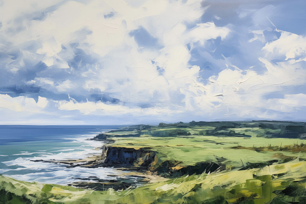 Painting of a landscape with a cliff and water