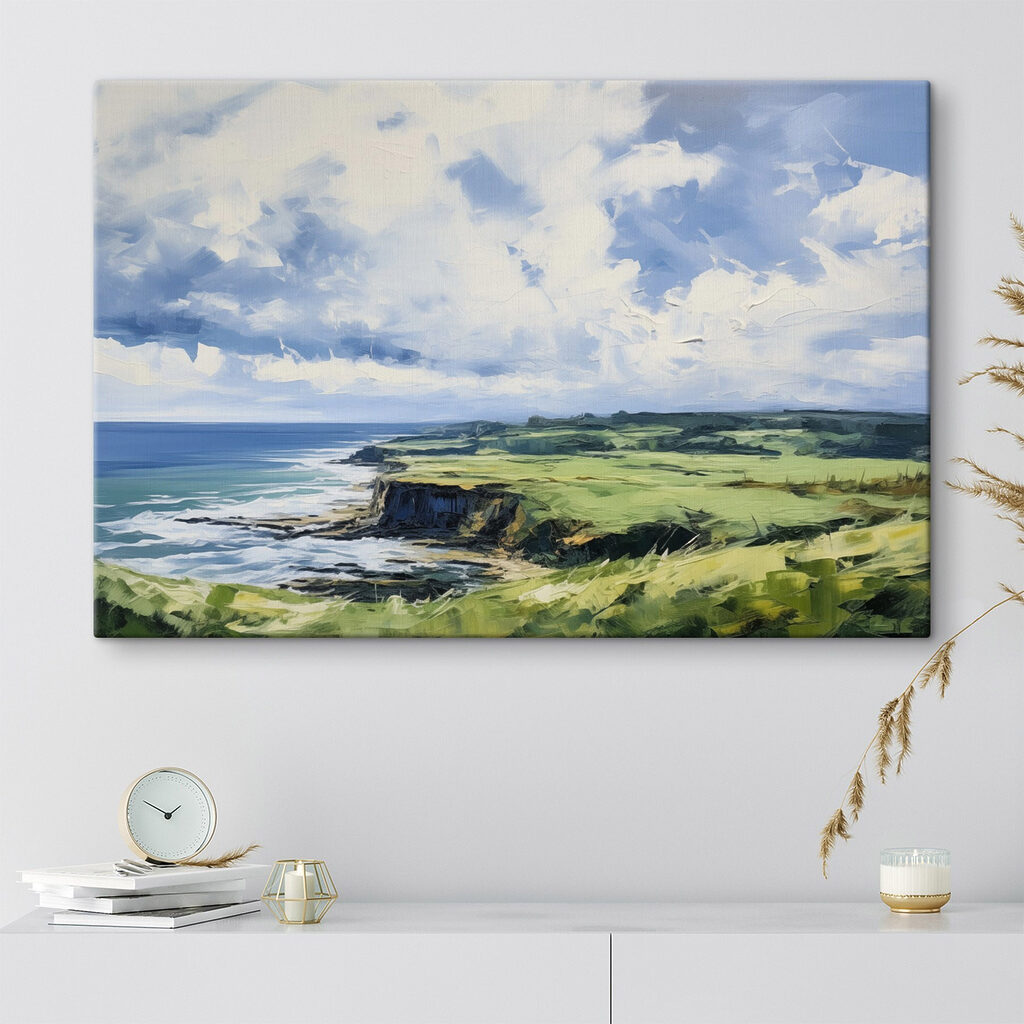 Painting of a landscape with a cliff and water