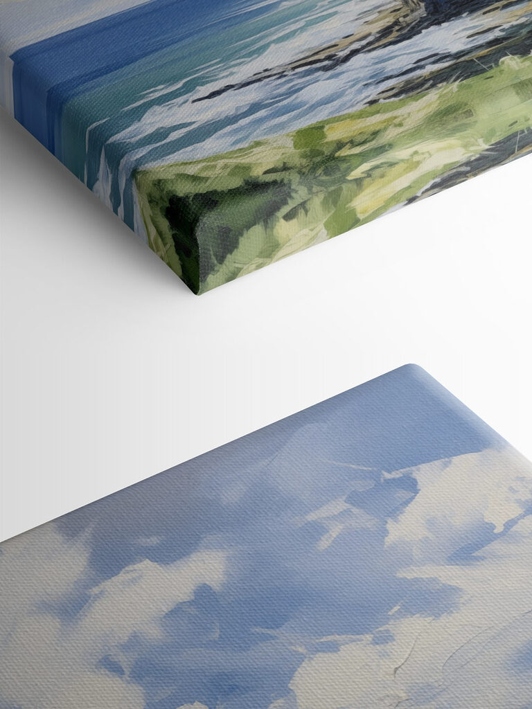 Painting of a landscape with a cliff and water