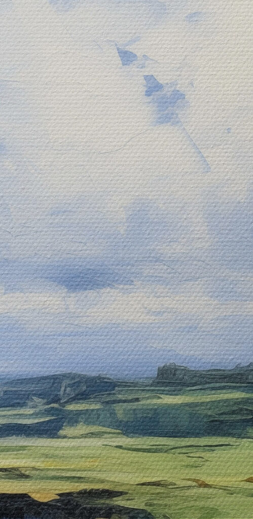 Painting of a landscape with a cliff and water