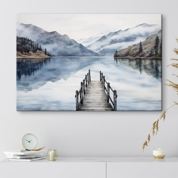 Aquarell eines Stegs an einem See mit Bergen im Hintergrund Aquarell eines Stegs an einem See mit Bergen im Hintergrund
