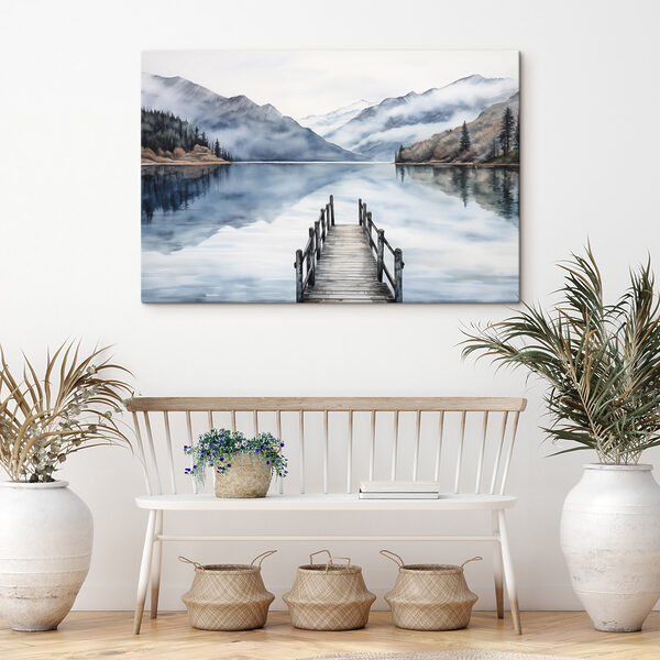 Aquarell eines Stegs an einem See mit Bergen im Hintergrund Aquarell eines Stegs an einem See mit Bergen im Hintergrund