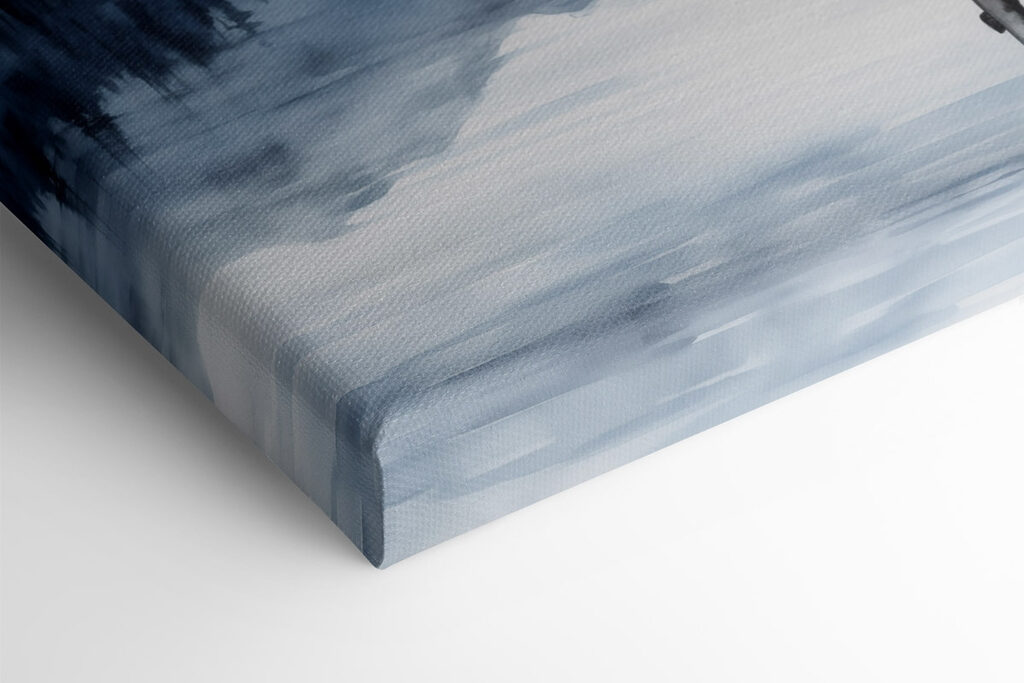 Watercolor of a dock on a lake with mountains in the background