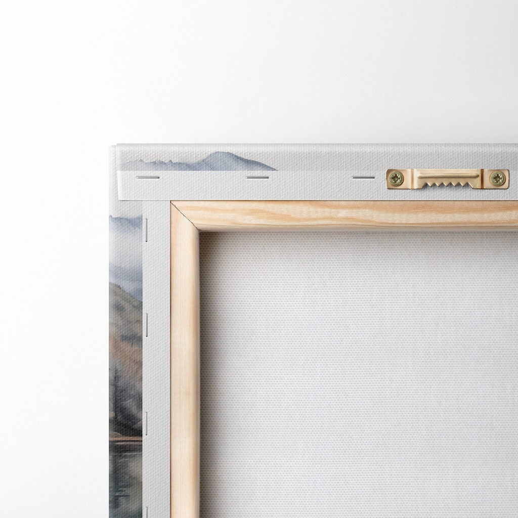 Watercolor of a dock on a lake with mountains in the background