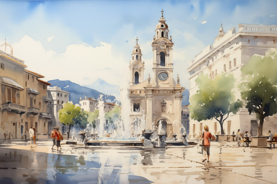 Aquarell eines Gebäudes mit einem Springbrunnen davor