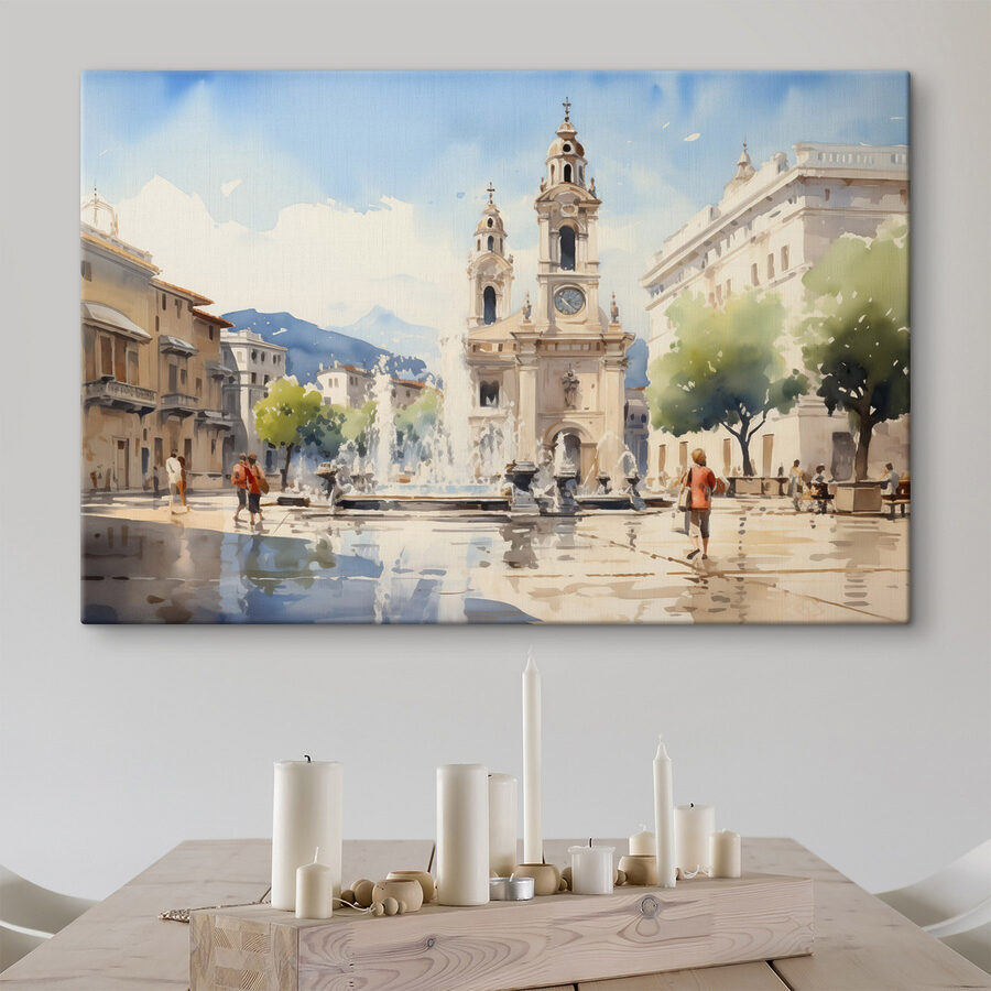 Aquarell eines Gebäudes mit einem Springbrunnen davor