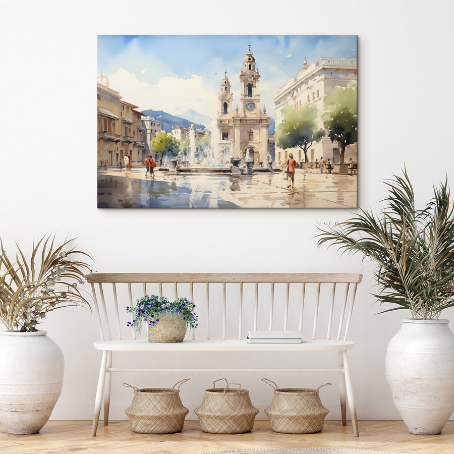 Aquarell eines Gebäudes mit einem Springbrunnen davor