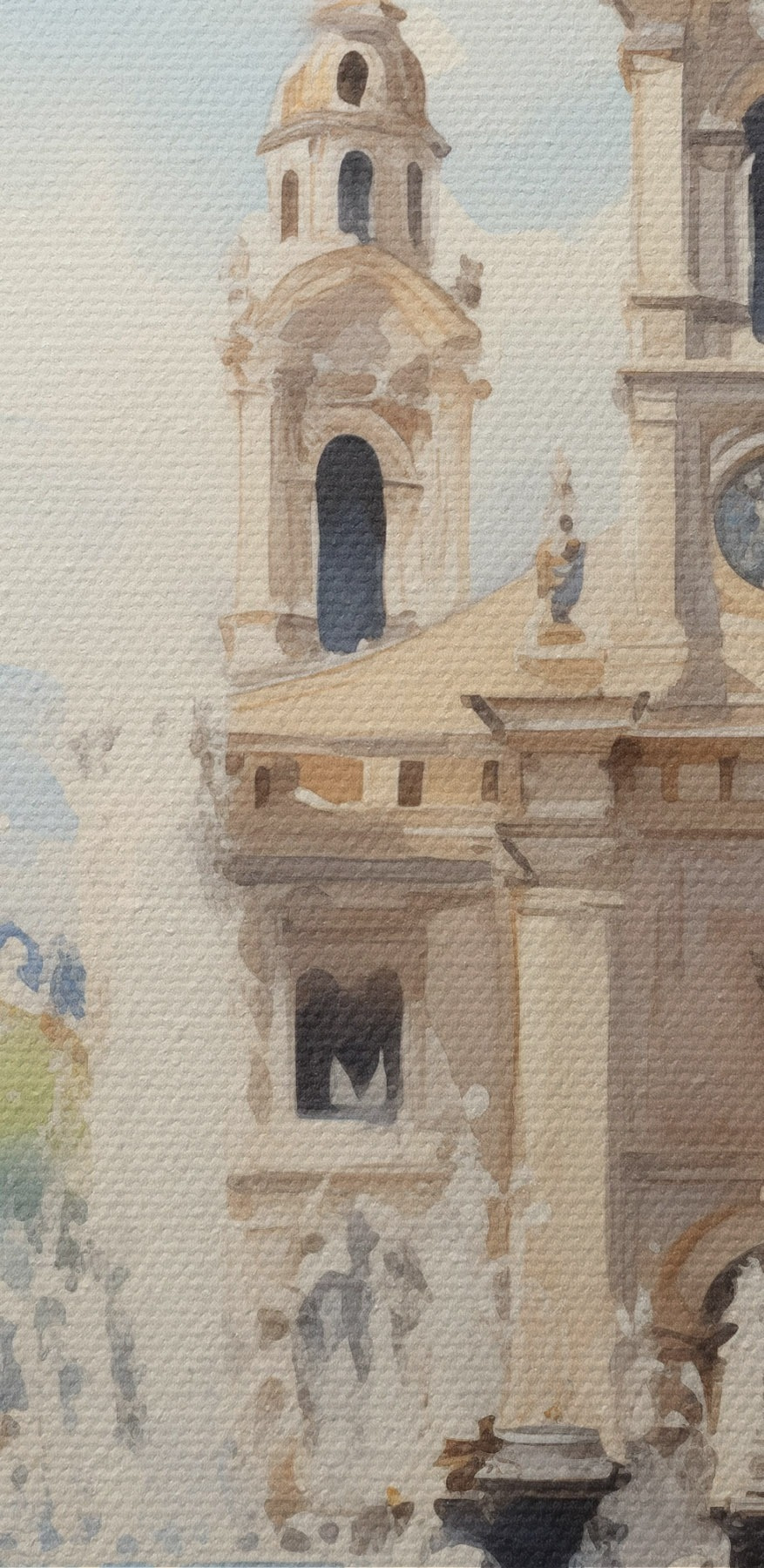 Aquarell eines Gebäudes mit einem Springbrunnen davor
