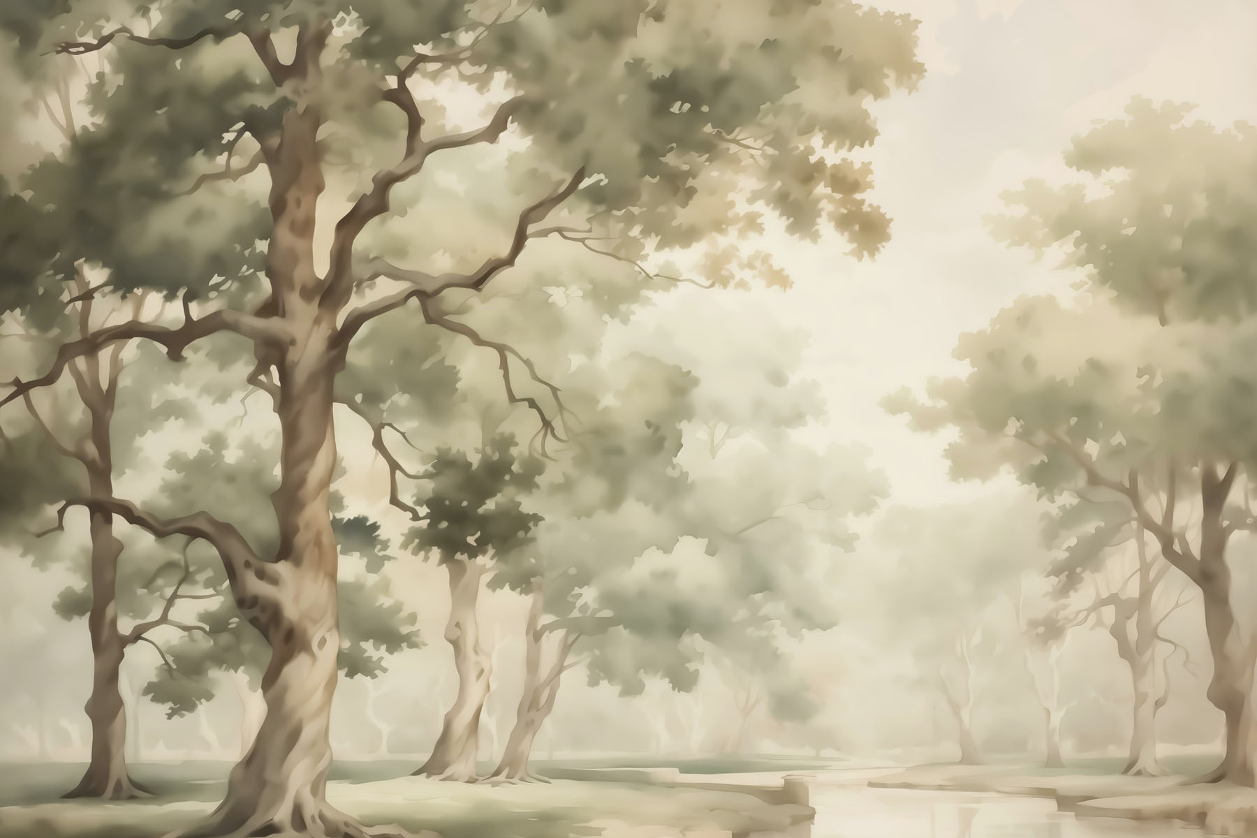 Watercolor painting of trees and a river