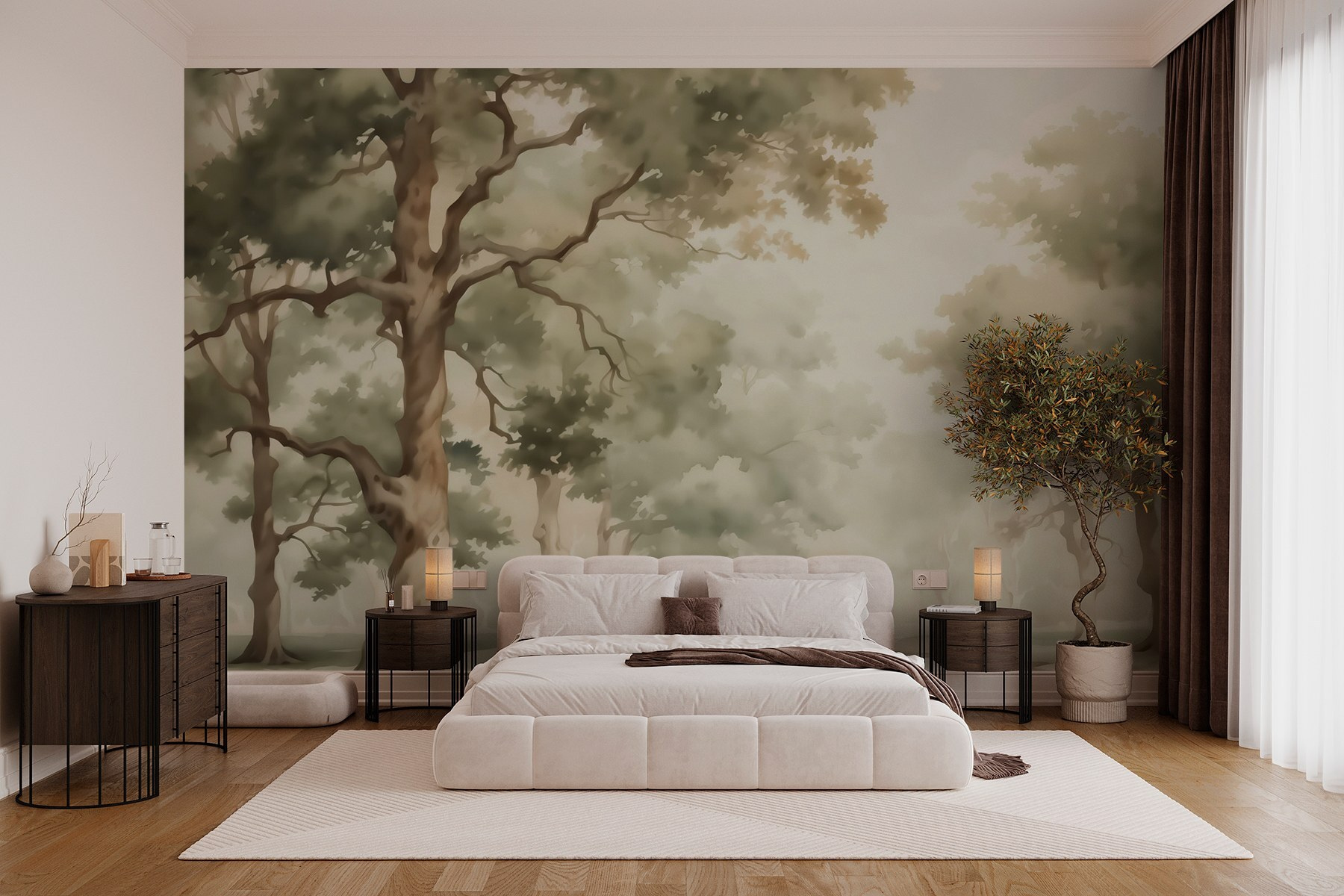 Watercolor painting of trees and a river