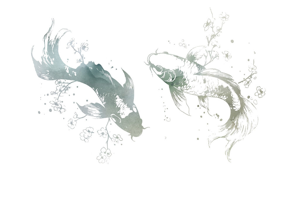 Zwei Fische mit Blumen und Blättern Zwei Fische mit Blumen und Blättern