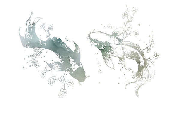 Zwei Fische mit Blumen und Blättern Zwei Fische mit Blumen und Blättern