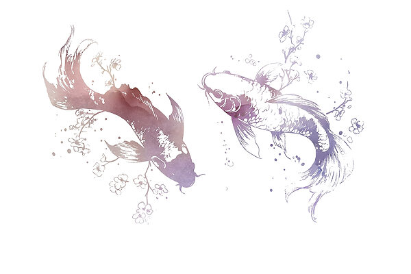 Zwei Fische mit Blumen und Blättern Zwei Fische mit Blumen und Blättern